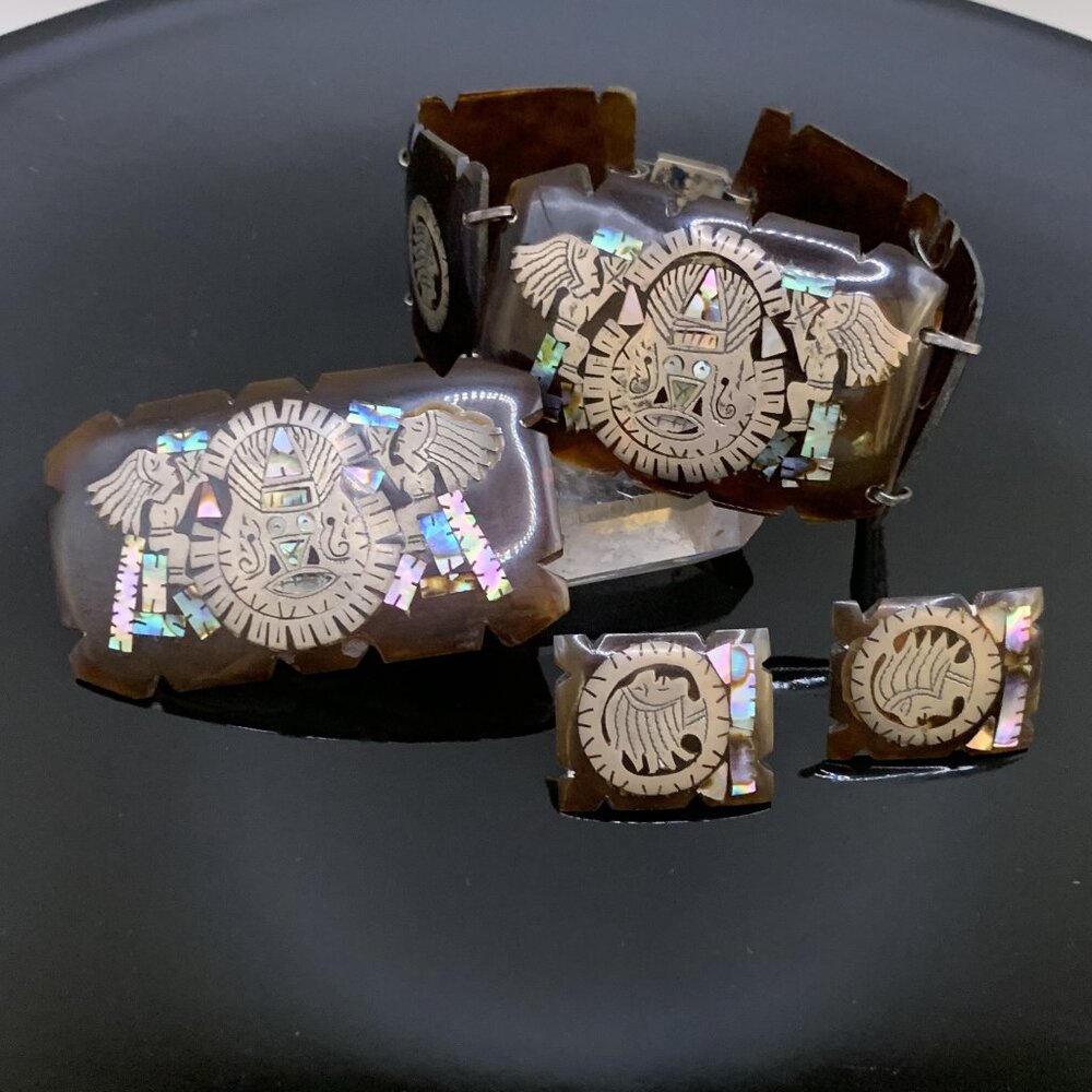 TAXCO Aztec Sterling Silver Abalone Faux Tortoise Bracelet Pin Earrings Set J537